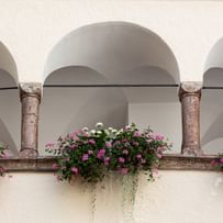 Balkone mit rosa-weißen Blumen 