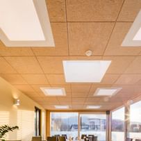 Heller Speiseraum mit Hanfdeckenplatten und warmem Sonnenlicht, harmonisch und ruhig