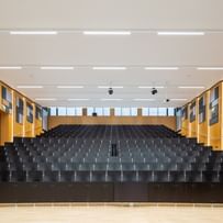 Leerer Hörsaal mit gestuften Sitzreihen, einem Rednerpult mit elektronischer Ausstattung und dekorativen Akustikpaneelen in verschiedenen Formen und Farben an den Holzverkleidungen.