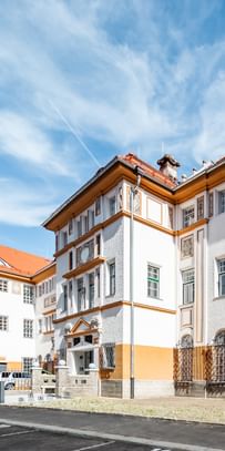 Detailreiche Jugendstilfassade des Dorotheum Linz mit aufwendig verzierten Fenstern, geometrischen Ornamenten und markanten orangefarbenen Zierelementen, restauriert mit Histolith-Farben