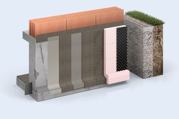 3D-Grafik einer Kellerabdichtung, die aus verschiedenen Materialien und Schichten zusammengesetzt ist. Die Darstellung hebt die unterschiedlichen Materialien und deren Anordnung hervor
