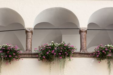 Balkone mit rosa-weißen Blumen 