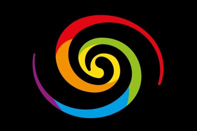 Bunte Spirale auf schwarzem Grund – farbgewaltiges Symbol für kreative Vielfalt und Präzision