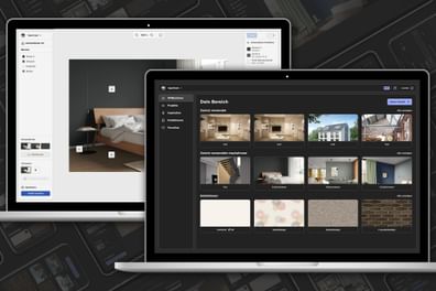 Zwei Laptops: links Schlafzimmer mit dunkler Wand, rechts Projektübersicht im Dark Mode