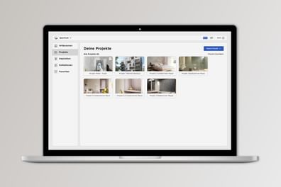 Laptop mit Projektliste und Vorschaubildern von Innenräumen in heller UI