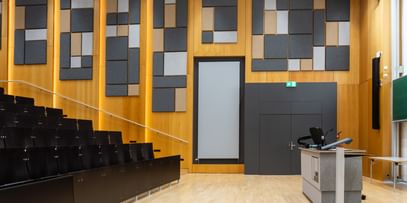 Leerer Hörsaal mit gestuften Sitzreihen, einem Rednerpult mit elektronischer Ausstattung und dekorativen Akustikpaneelen in verschiedenen Formen und Farben an den Holzverkleidungen.