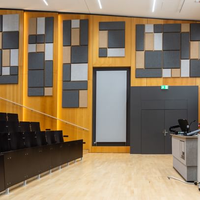 Leerer Hörsaal mit gestuften Sitzreihen, einem Rednerpult mit elektronischer Ausstattung und dekorativen Akustikpaneelen in verschiedenen Formen und Farben an den Holzverkleidungen.