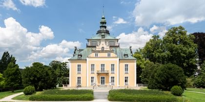 Villa von vorne in grüner Umgebung