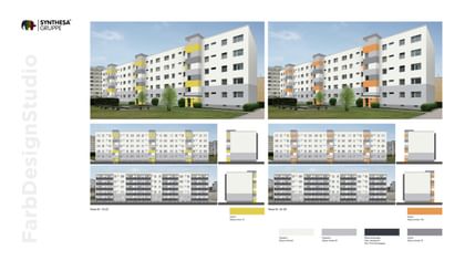Gelb und Orange als Akzente bringen fröhliche Energie in die klar gegliederte Wohnhausfassade.