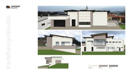 Sanfte Kontraste aus Naturweiß und Grau betonen die moderne Architektur des Einfamilienhauses.