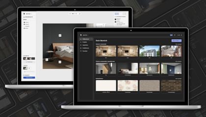 Zwei Laptops: links Schlafzimmer mit dunkler Wand, rechts Projektübersicht im Dark Mode