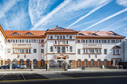 Detailreiche Jugendstilfassade des Dorotheum Linz mit aufwendig verzierten Fenstern, geometrischen Ornamenten und markanten orangefarbenen Zierelementen, restauriert mit Histolith-Farben