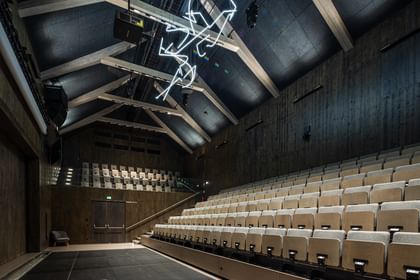 Auditorium mit einer Holzdecke und einer Sitzanordnung aus hellen, gepolsterten Stühlen. An der Decke hängt eine künstlerische Neoninstallation. Die Wände sind aus dunklem Holz, und es gibt eine Bühne im Vordergrund.