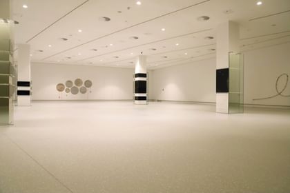 Moderner Ausstellungsraum mit weißen Wänden und Bodenbeschichtung im Schlossmuseum Linz