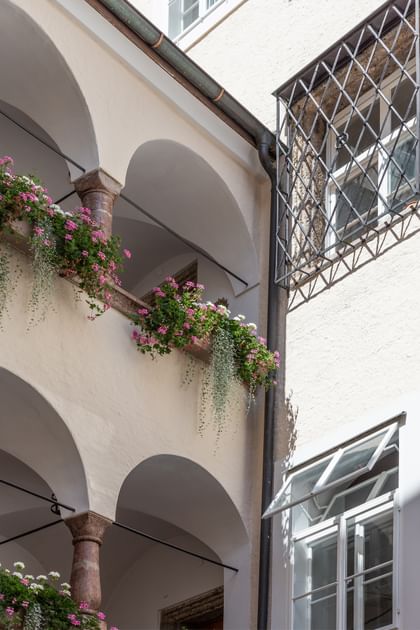 Rosa Balkonblumen und vergitterte Fenster