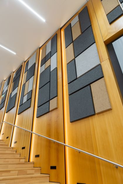 Moderne Wandgestaltung mit Hanfpaneelen in dunklen Tönen und stimmungsvoller Lichtführung