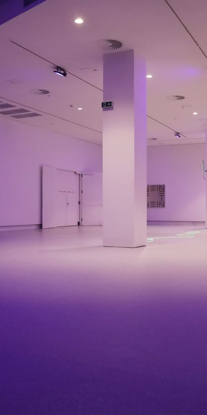 Moderner Ausstellungsraum mit weißen Wänden und Bodenbeschichtung im Schlossmuseum Linz