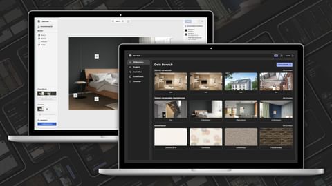 Zwei Laptops: links Schlafzimmer mit dunkler Wand, rechts Projektübersicht im Dark Mode