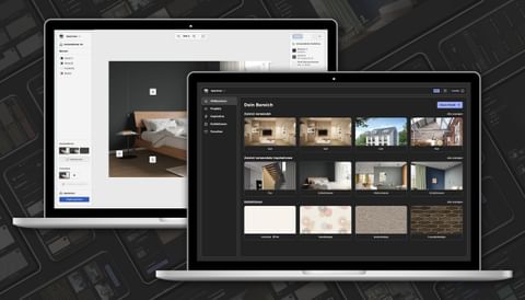 Zwei Laptops: links Schlafzimmer mit dunkler Wand, rechts Projektübersicht im Dark Mode