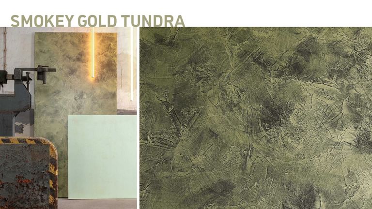 Ausdrucksstarke Wand in rauchigem Tundragrün mit goldschimmernder Struktur