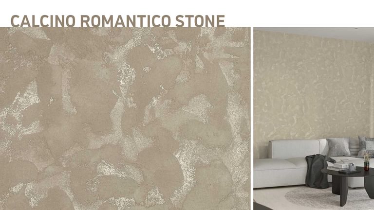 Beige Wand mit romantischer Kalkoptik und schimmernden Akzenten in Steinstruktur