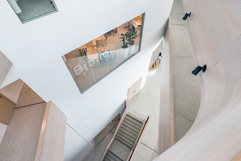 Innenansicht der Anton Bruckner Privatuniversität mit zentraler Treppe, weißen Wänden und Holzakzenten. Auf einer oberen Ebene befindet sich ein Fenster mit der Aufschrift „Bibliothek“.